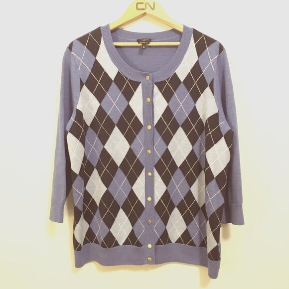 100% Merino Wool Blue Classic Argyle Button Down Cardigan - Picture 4 of 16